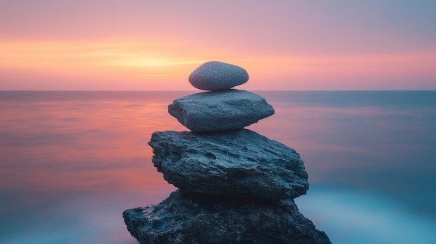 Balanced Rocks at Sunset with Calm Sea and Pink Sky