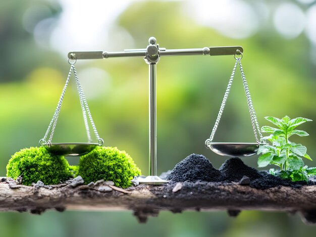 Photo a balanced scale representing justice and environmental sustainability highlighting the importance of nature conservation