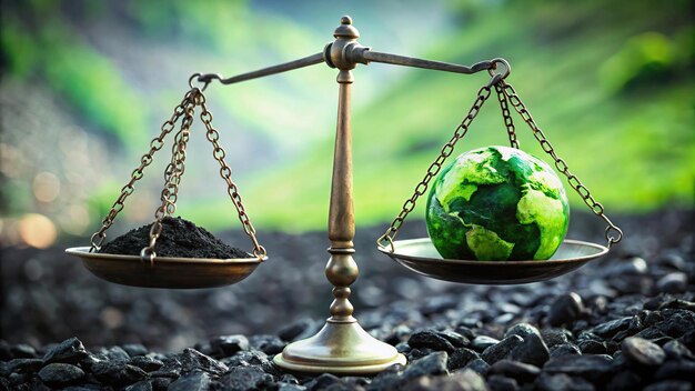 Photo balanced scales weighing earth and coal