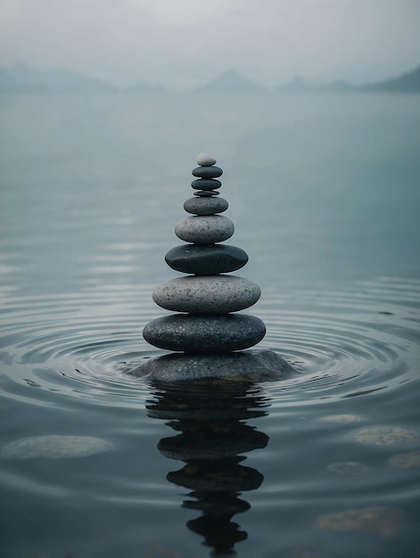 Photo balanced stones on a misty shore reflecting in calm water