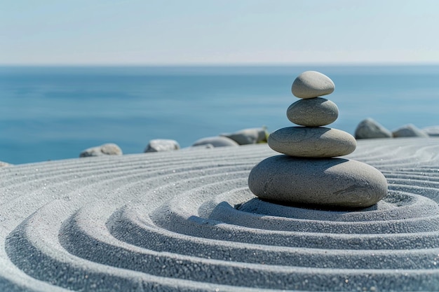 Balanced Stones on Seashore at Sunset Calm Zen