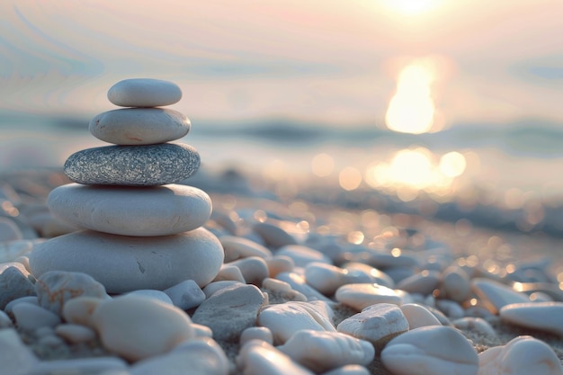 Balanced Stones on Seashore at Sunset Calm Zen