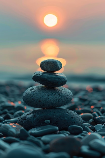 Balanced Stones on Seashore at Sunset Calm Zen