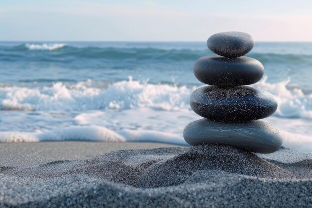 Balanced Stones on Seashore at Sunset Calm Zen