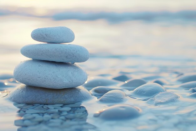 Balanced Stones on Seashore at Sunset Calm Zen