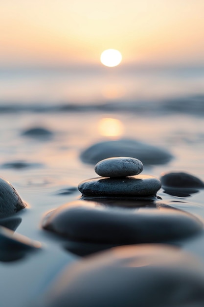 Balanced Stones on Seashore at Sunset Calm Zen