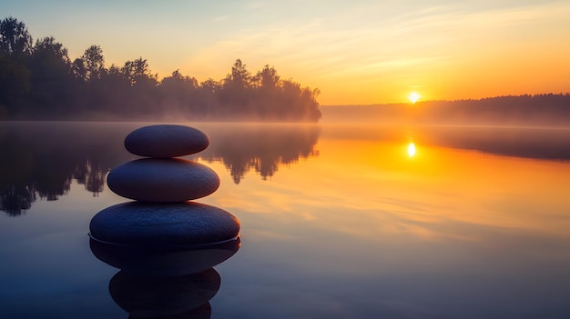 Photo balanced stones on a still lake at sunrise