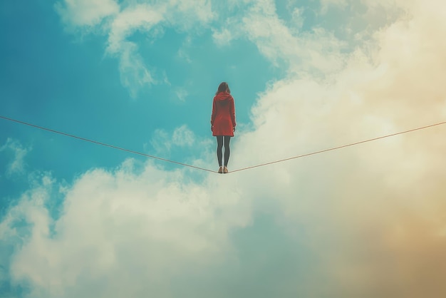 Balancing on the edge a solitary figure walks a tightrope amidst a cloudy sky defying gravity and embracing the beauty of serene heights