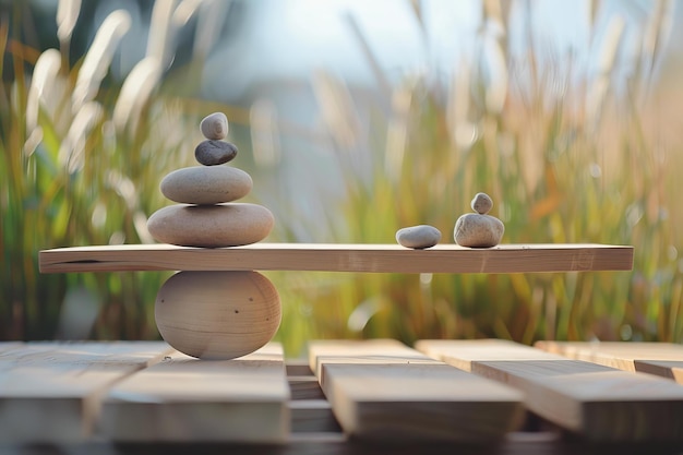 Photo balancing pebbles on wooden plank symbolizing harmony and balance