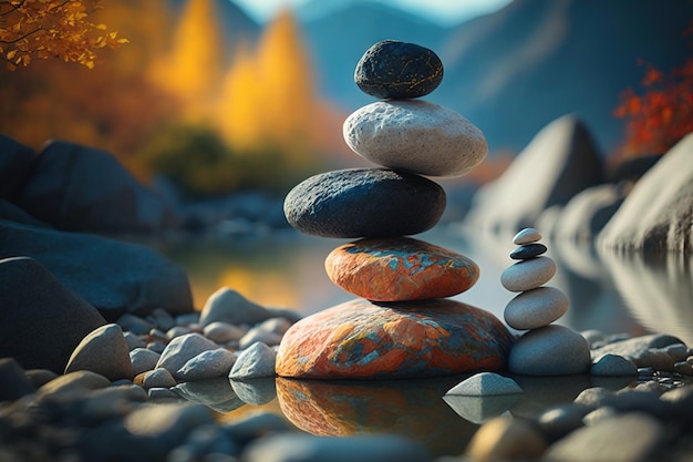 Balancing rocks and pebbles in front of nature BG