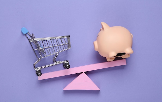 Balancing swing with piggy bank and shopping trolley on purple pastel background Minimalism Geometry shapes Creative layout