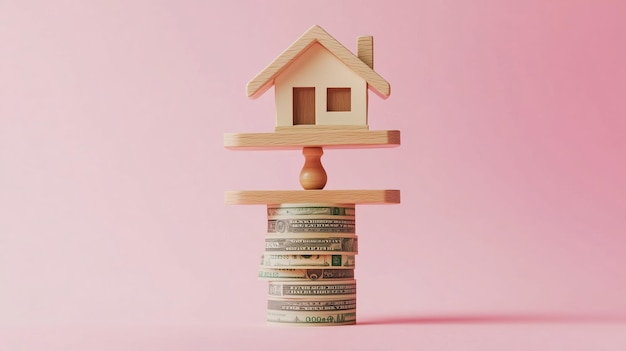 Photo balancing a wooden house model on a stack of currency notes against a pink background to symbolize real estate investment concepts