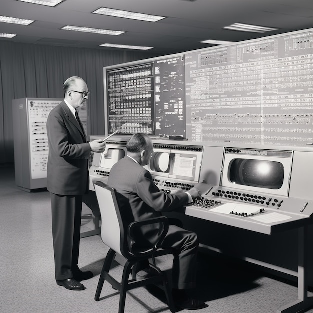 Balck and white photo of two men in front of old computers