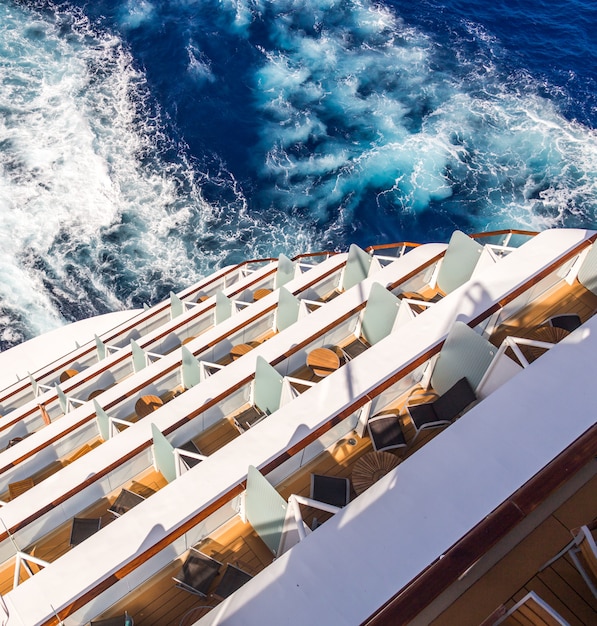 Balconies on a Cruise ship, decks with wake or trail