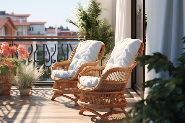 Balconies with wicker furniture