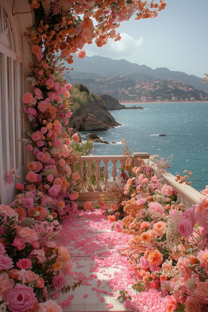 A balcony covered in pink flowers overlooking the vast ocean