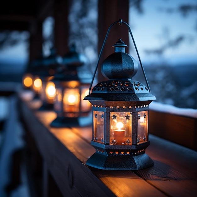 On the balcony covered with snow the lanterns are shining with colorful light