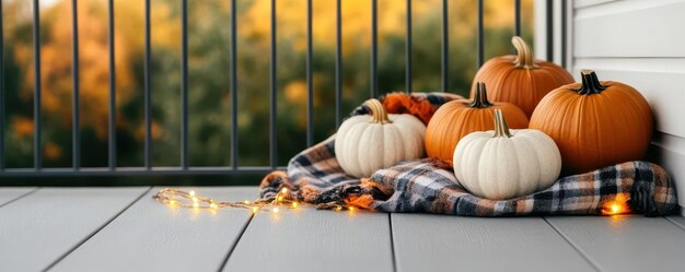 Photo a balcony decorated for fall with pumpkins a plaid blanket and warm lights home balcony