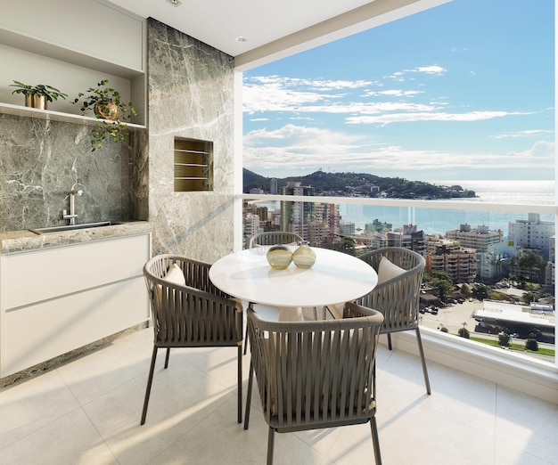 Balcony decorated with luxurious furniture planned and designed overlooking the city