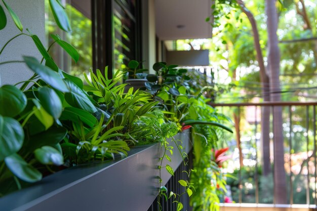 Photo balcony garden with various green plants refreshing outdoor space in an urban setting