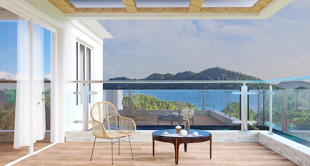 Balcony view of a modern house with mountains and lake backdrop