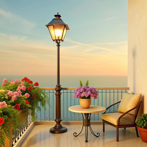 Photo a balcony with a balcony with a balcony with flowers and a lamp