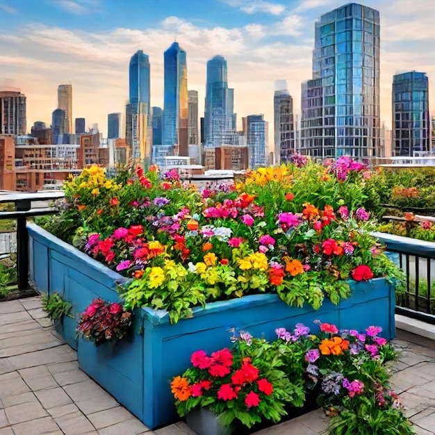 a balcony with a flower box and a city in the background