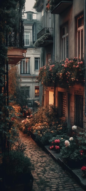 A balcony with flowers on the balcony