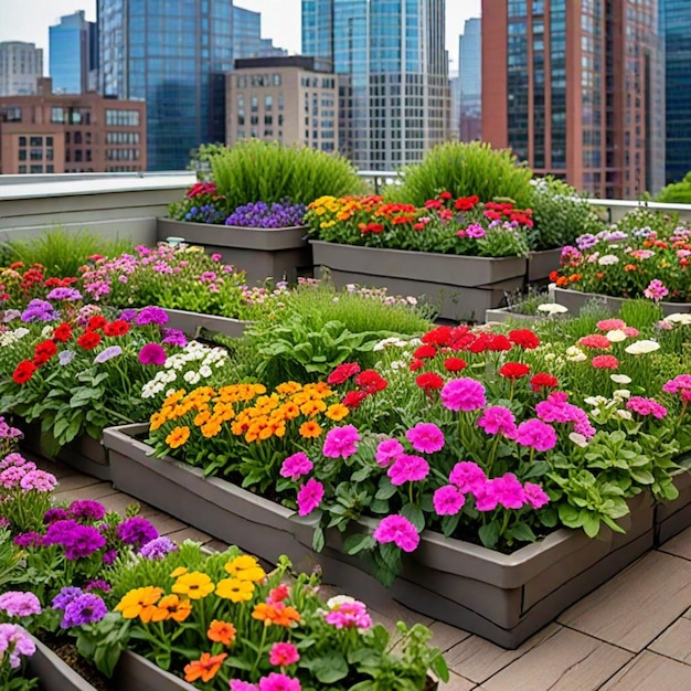 a balcony with flowers and a city in the background