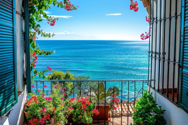 a balcony with flowers and the ocean in the background