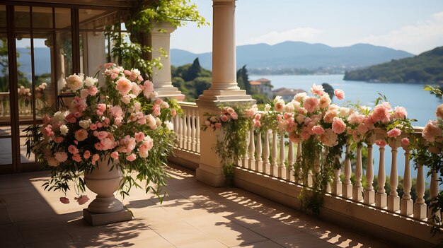 Photo a balcony with flowers and a view of the water