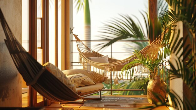 Photo a balcony with a hammock and a hanging chair with pillows a potted plant in the corner of the room