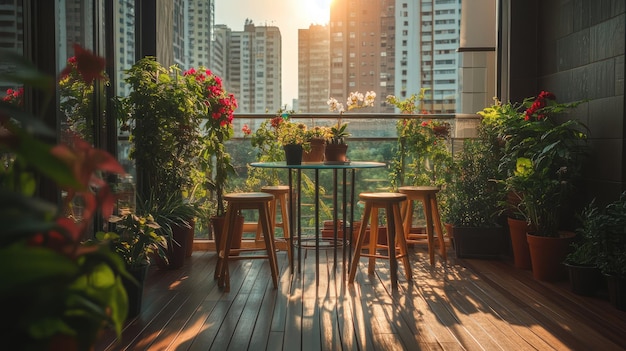 A balcony with many potted plants flowers and greenery on the wooden floor