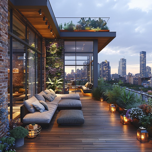 Photo a balcony with a planter on the roof and a couch on the deck