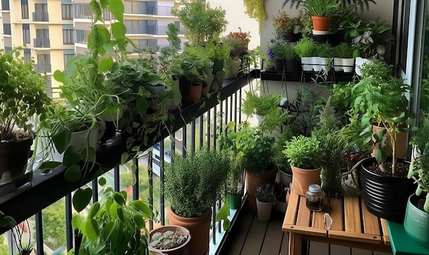 a balcony with plants and a balcony with a view of the deck