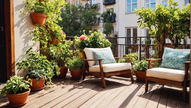 A balcony with plants and a blue pillow on the deck Beautiful green balcony with potted plants