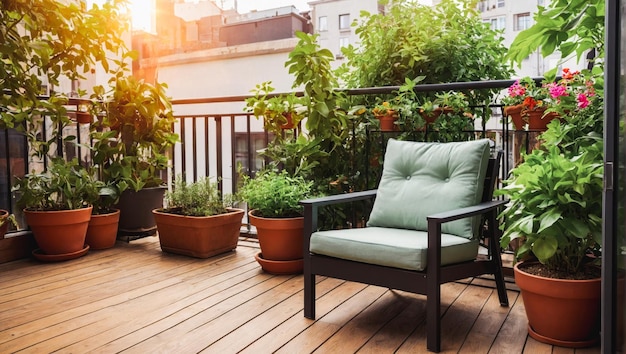 A balcony with plants and a blue pillow on the deck Beautiful green balcony with potted plants