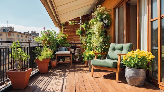 A balcony with plants and a blue pillow on the deck Beautiful green balcony with potted plants