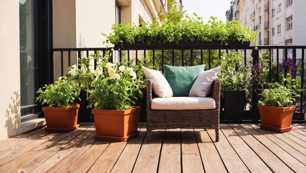 A balcony with plants and a blue pillow on the deck Beautiful green balcony with potted plants