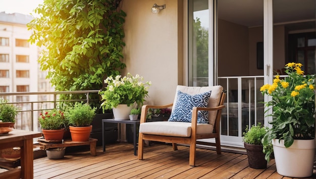 A balcony with plants and a blue pillow on the deck Beautiful green balcony with potted plants