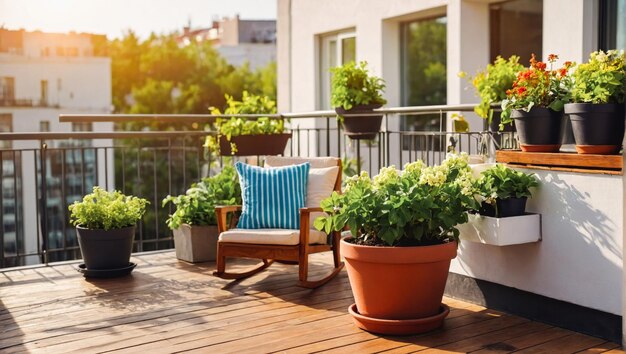 A balcony with plants and a blue pillow on the deck Beautiful green balcony with potted plants