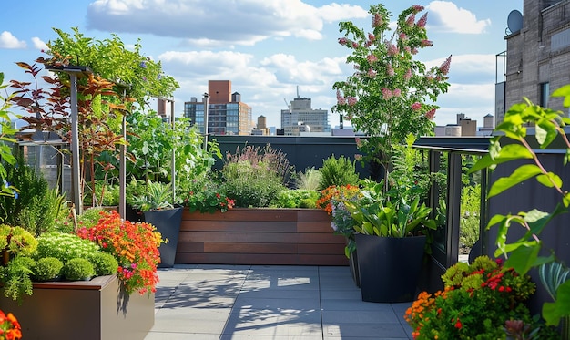 a balcony with plants and flowers on it