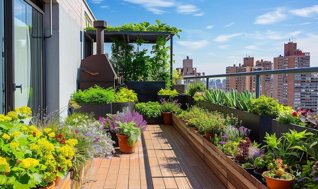 a balcony with a potted plant and a pot of flowers