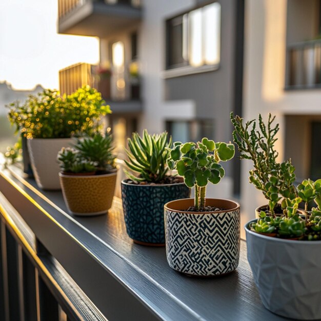 Photo a balcony with potted plants and a balcony with a view of the city