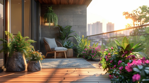 Balcony With Potted Plants and Wooden Chair