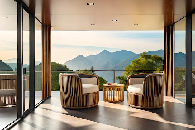 A balcony with two chairs and a table with a mountain view in the background.