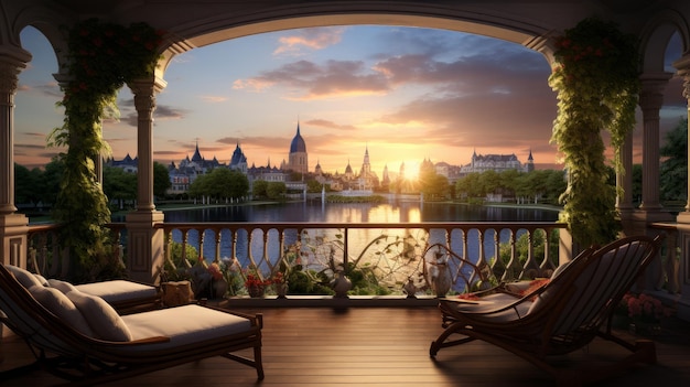 A balcony with two chairs and a view of a city