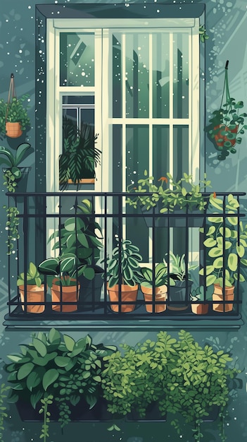 Balcony with various green plants in pots against window outdoor scene