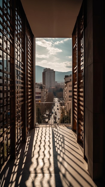 A balcony with a view of a city in the background