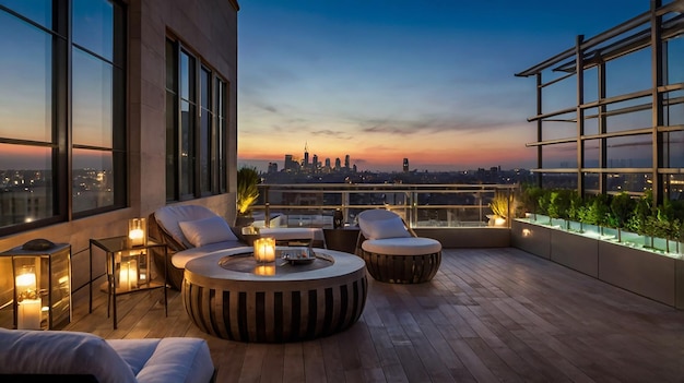 a balcony with a view of the city skyline and a city skyline